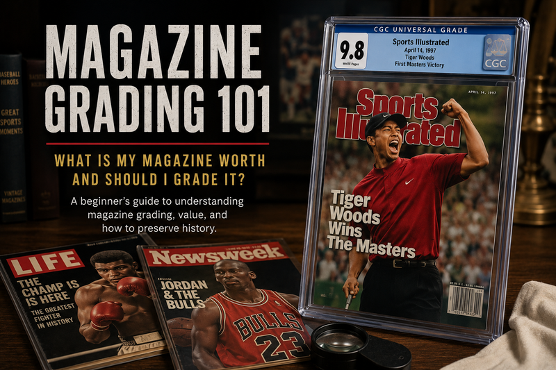 Magazine Grading 101 guide featuring a CGC 9.8 Sports Illustrated Tiger Woods Masters magazine alongside Life and Newsweek magazines, illustrating how magazine grading affects value and collectibility.