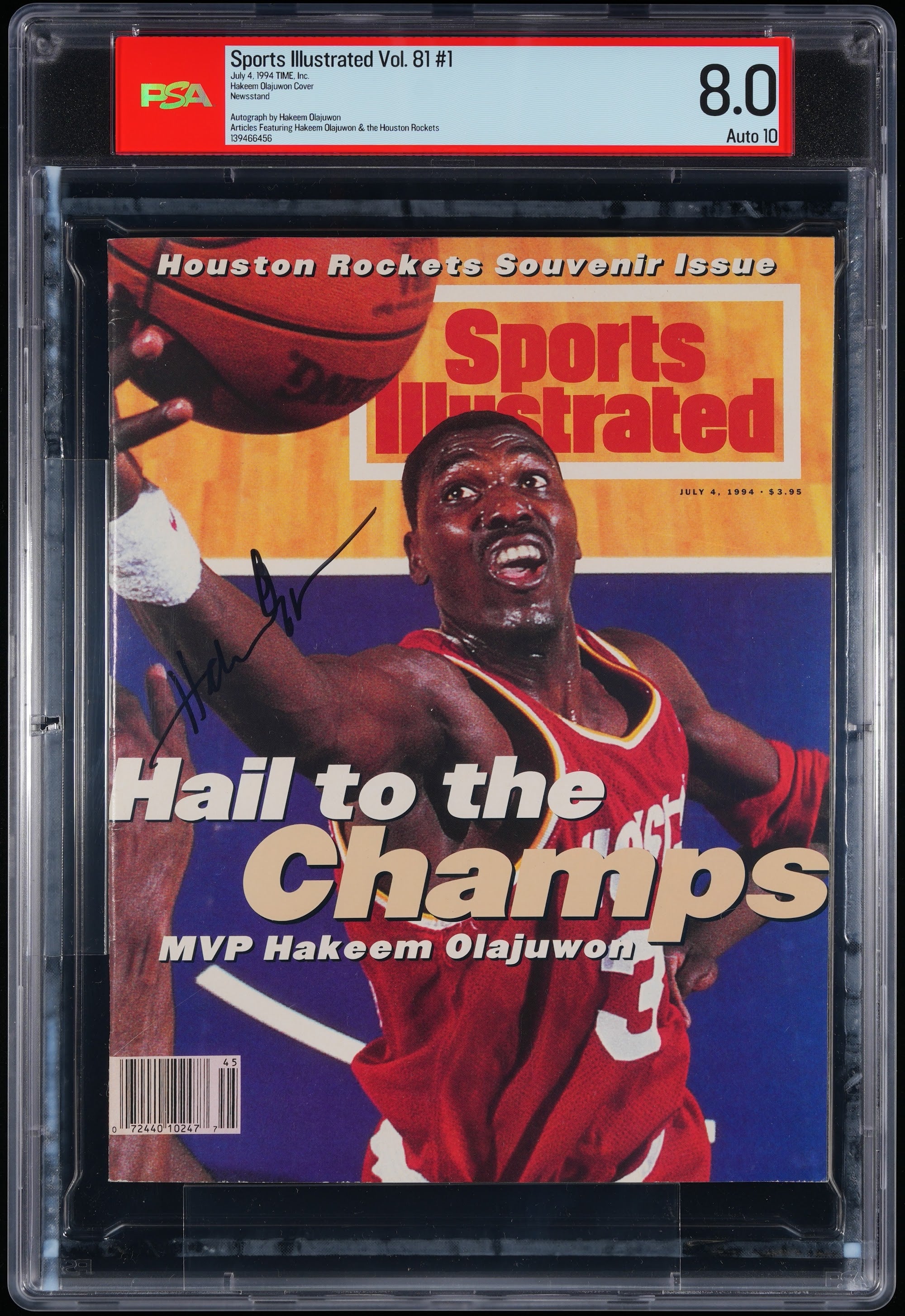 1994 Hakeem Olajuwon Sports Illustrated Autographed – PSA 8 Auto PSA 10.0 Newsstand