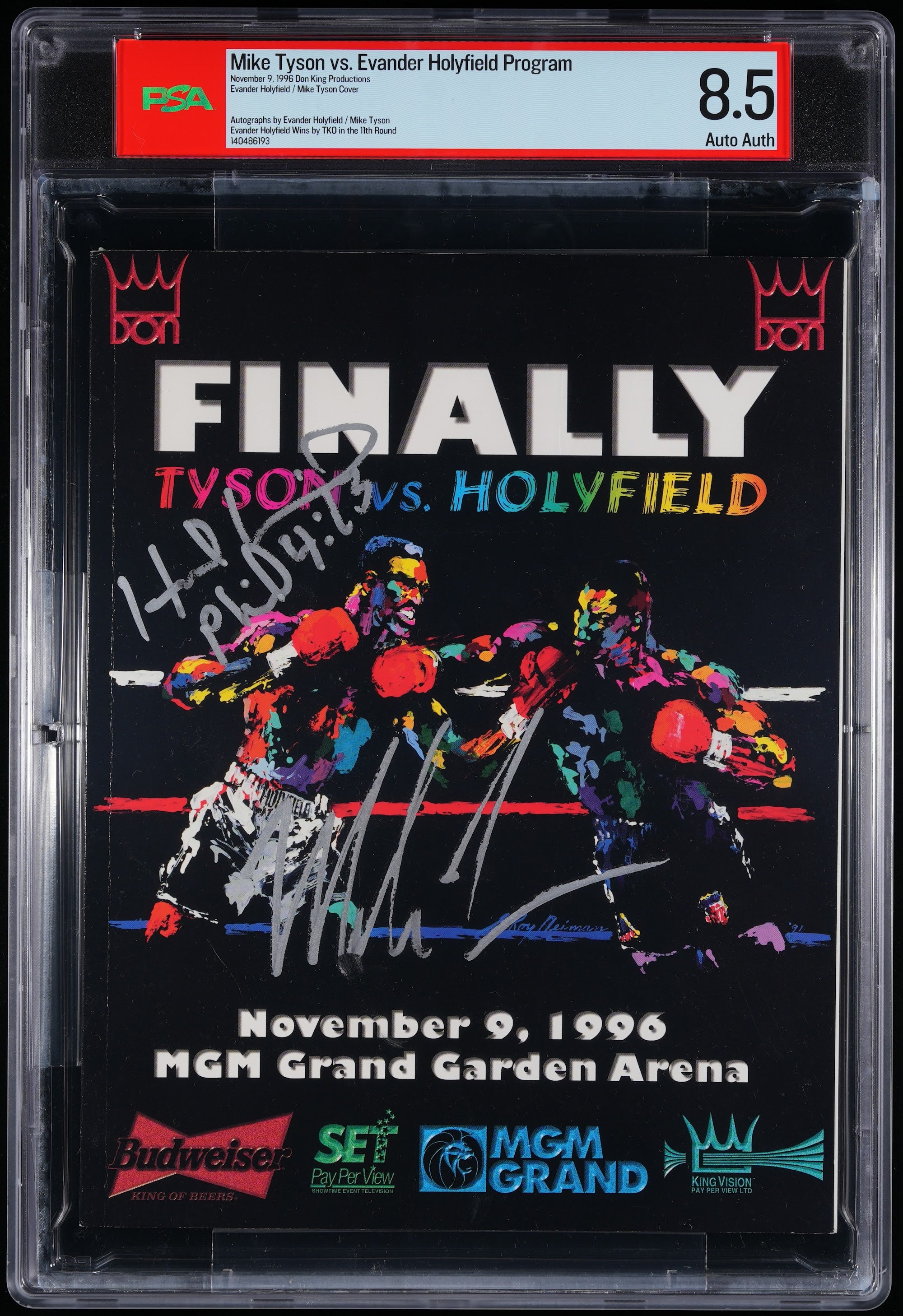 1996 Mike Tyson vs. Evander Holyfield Souvenir Program Autographed Top Pop – PSA 8.5
