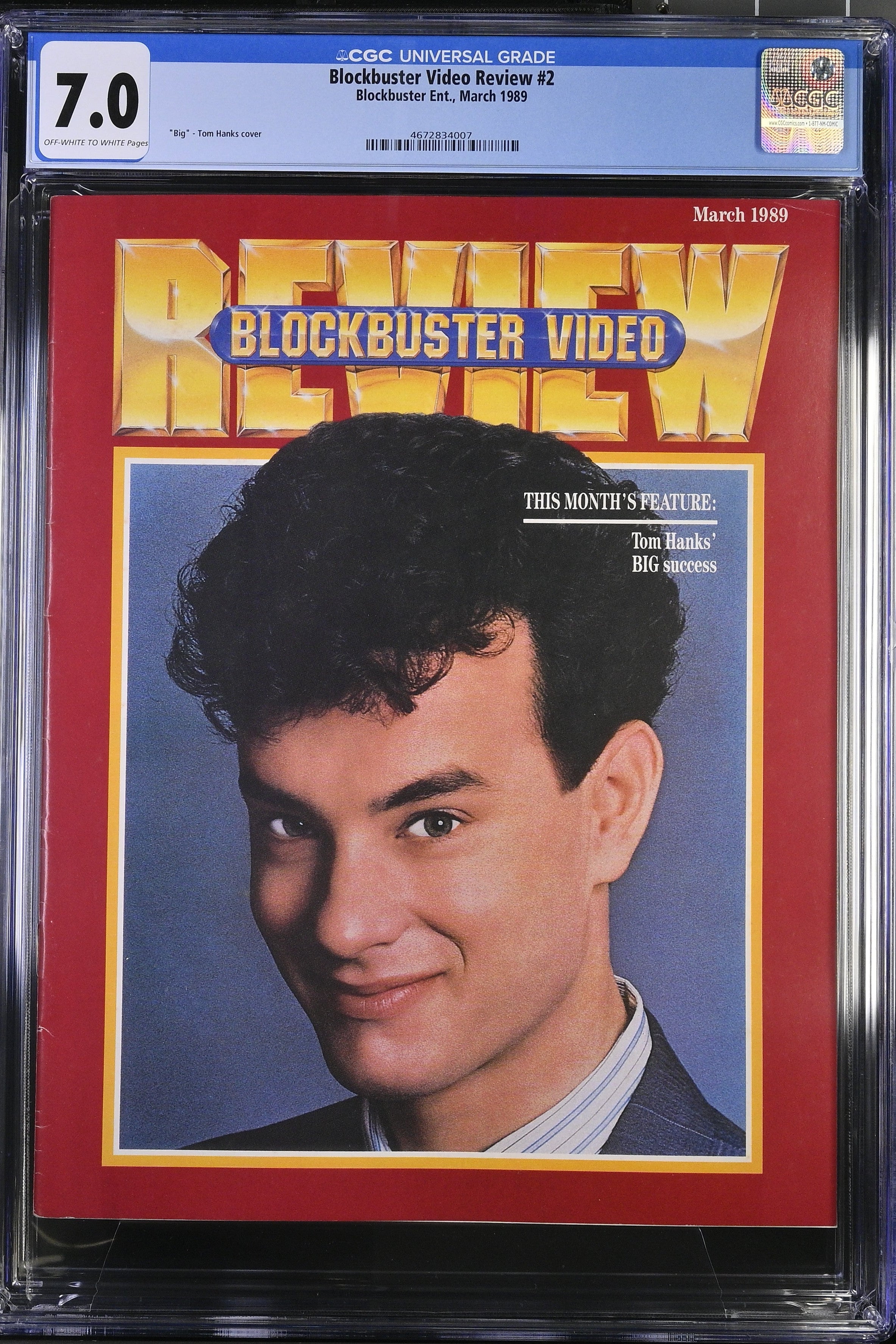 Vintage 'Blockbuster Video Review' magazine cover with a man's face on the cover, framed in protective glass.