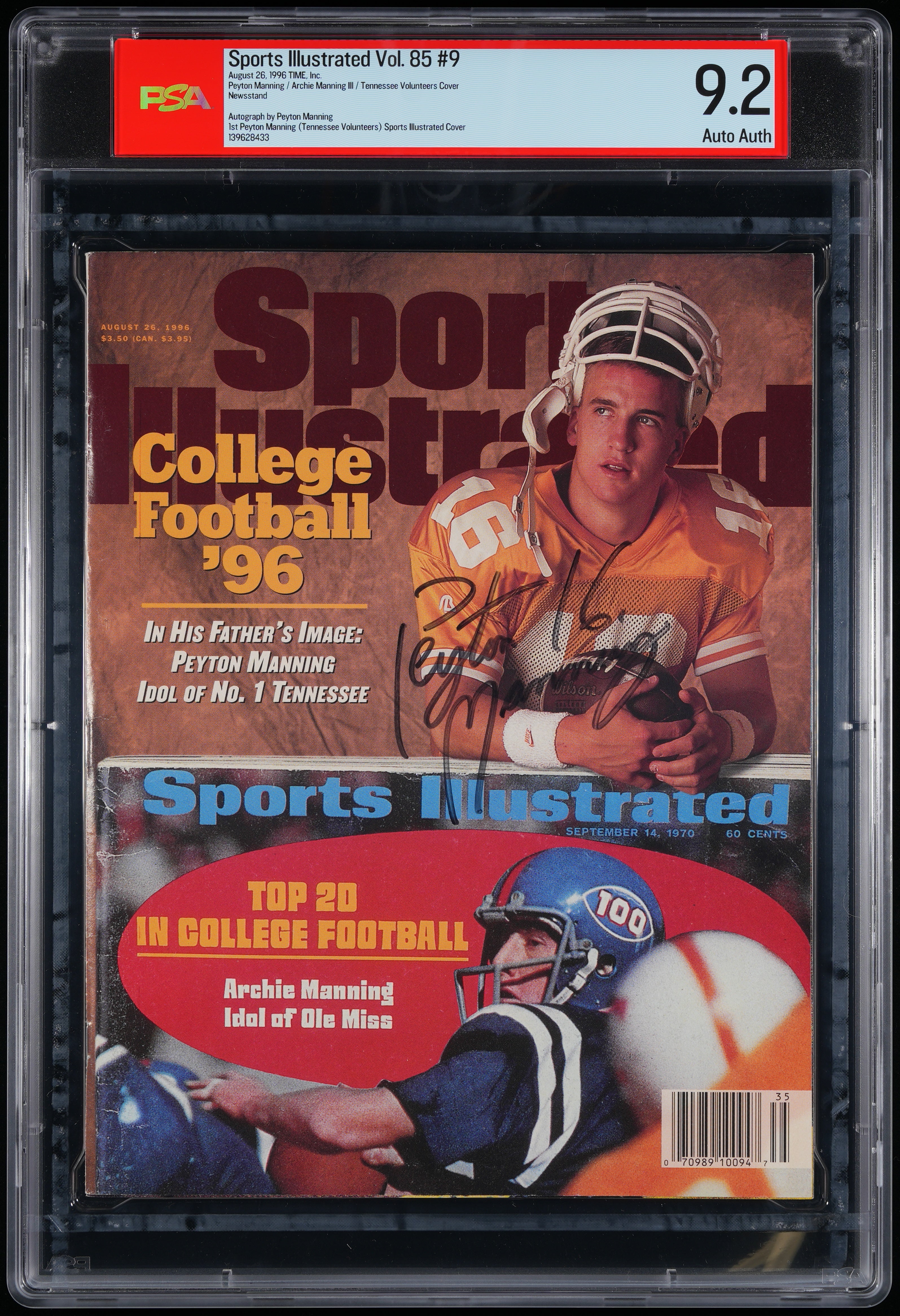 1996 Peyton Manning Sports Illustrated 1st Cover Autographed – PSA 9.2 Newsstand